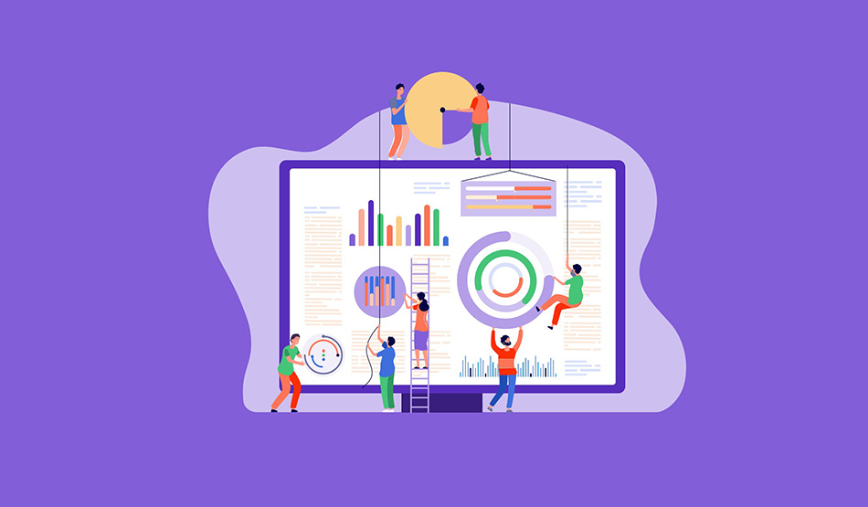 abstract illustration of business people adding financial charts to a large monitor