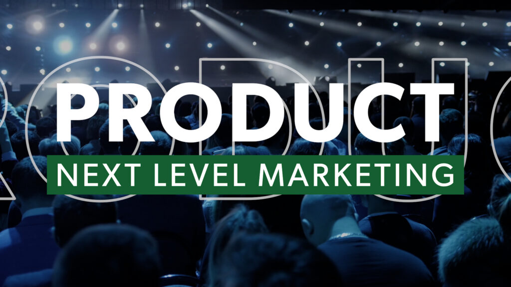 View of conference main stage from audience with the words Next Level Product Marketing in foreground