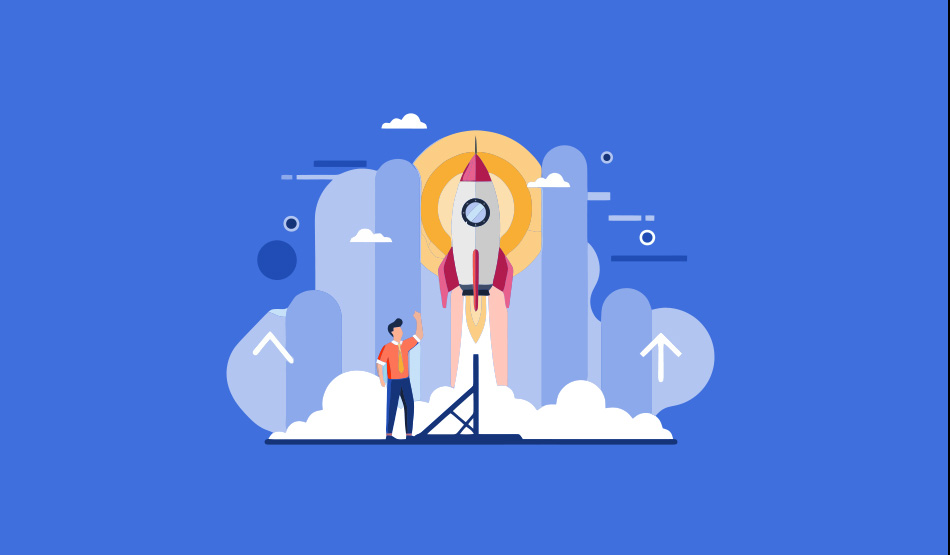 SpaceX Falcon 9 rocket launching with business man standing on launch pad and financial charts in background