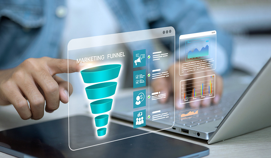 business man pointing at marketing funnel and demand generation dashboard