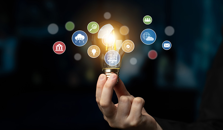 business man holding a light bulb with marketing tech stack icons floating in air