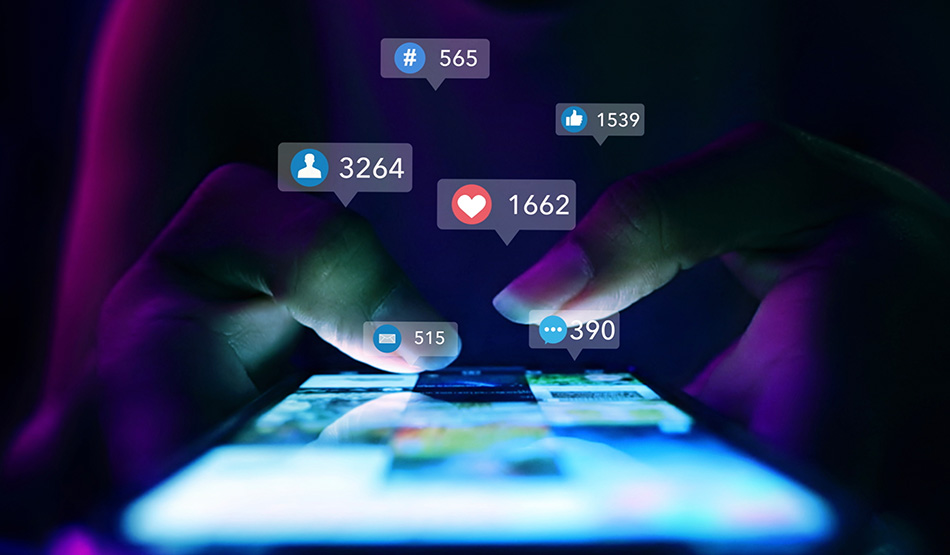 marketing leader viewing likes on social media app on smartphone