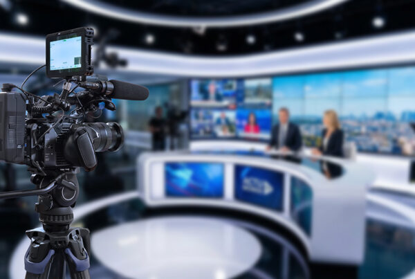 video camera in foreground with podcast interview of expert in background